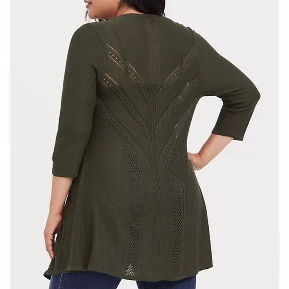 Torrid Olive Green Pointelle Stitched Open Knit Cardigan Size 1 - Picture 2 of 8